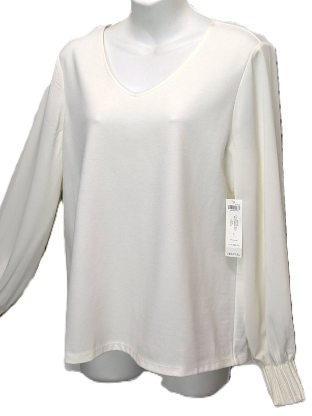 Chico’s Long Sleeve Blouse Pull Over Blouson Pleated cuff Ivory Size 1 Med